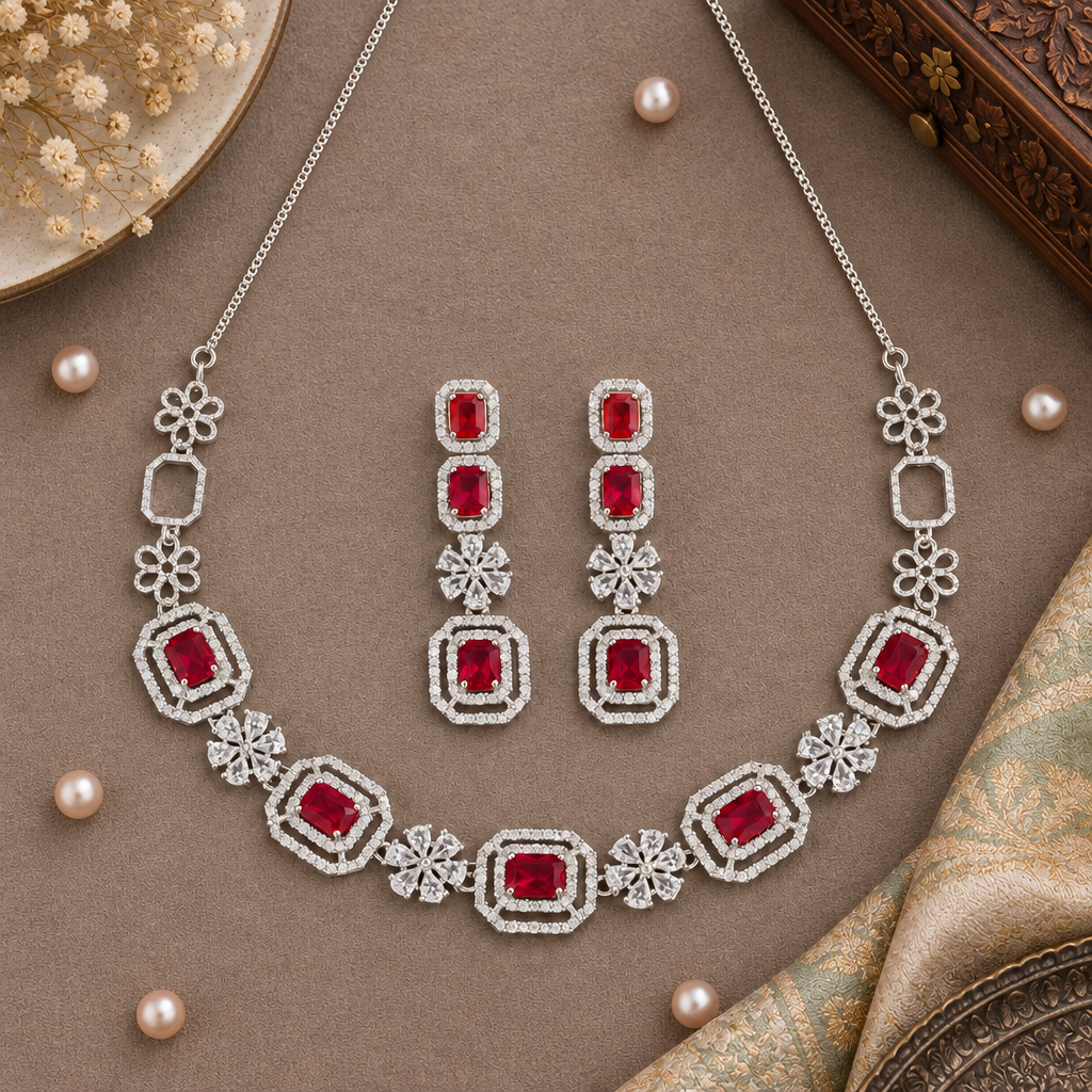 RUBY AAROHI AMERICAN DIAMOND JEWELLERY SET