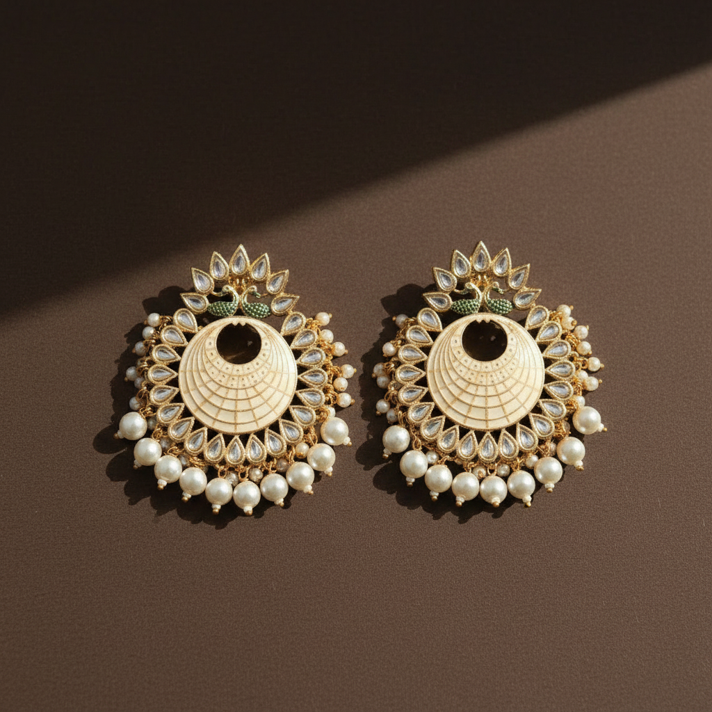 BEIGE TAANYA KUNDAN CHANDBALI EARRINGS