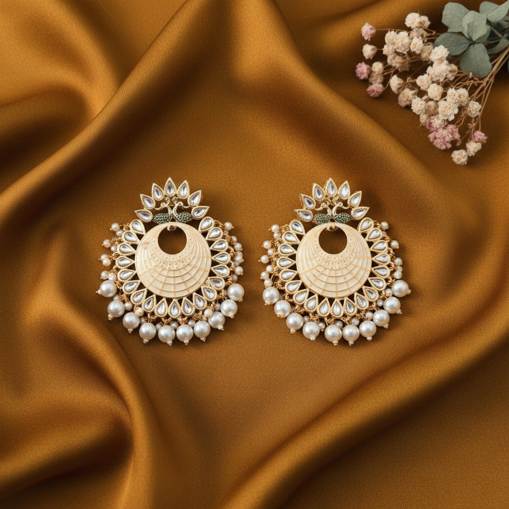 BEIGE TAANYA KUNDAN CHANDBALI EARRINGS