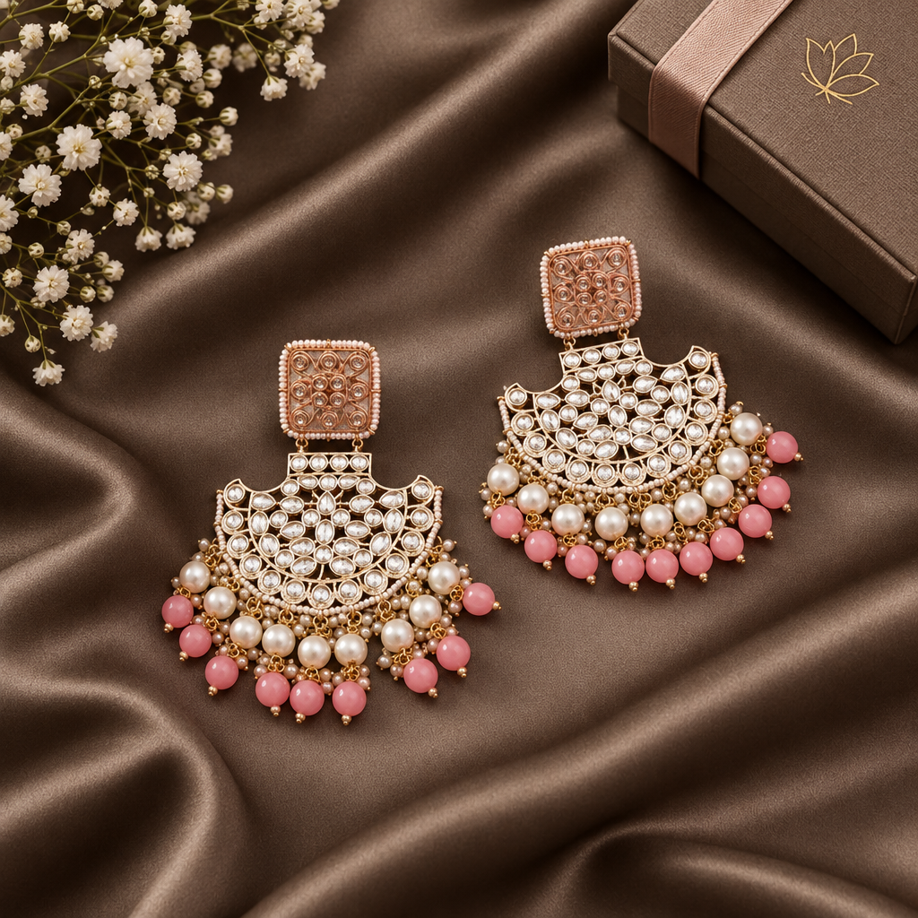 PINK KIARA KUNDAN CHANBALI EARRINGS