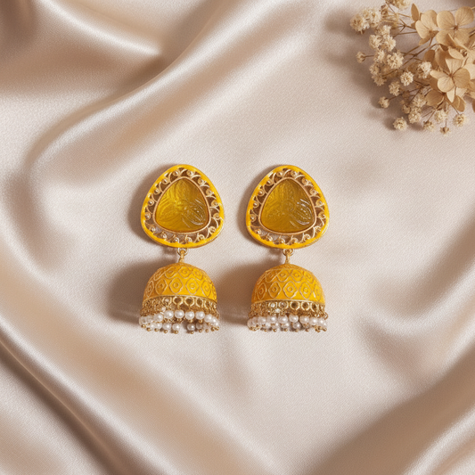YELLOW MEENA KUNDAN JHUMKI EARRINGS