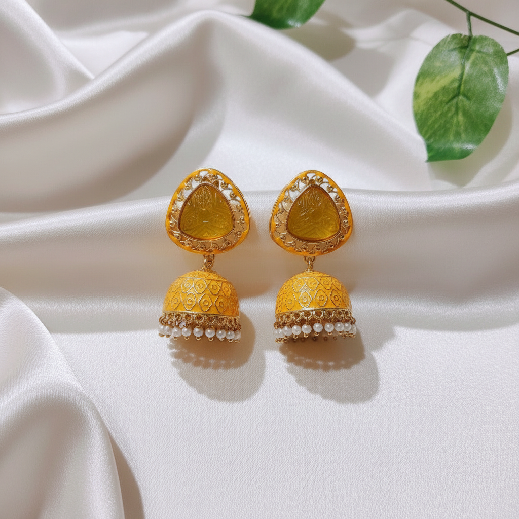 YELLOW MEENA KUNDAN JHUMKI EARRINGS