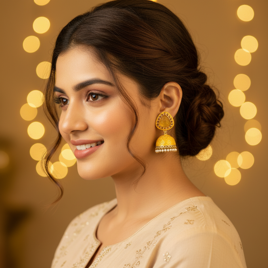YELLOW MEENA KUNDAN JHUMKI EARRINGS