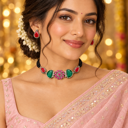 MULTICOLOR KARYA SILVER PLATED JEWELLERY SET