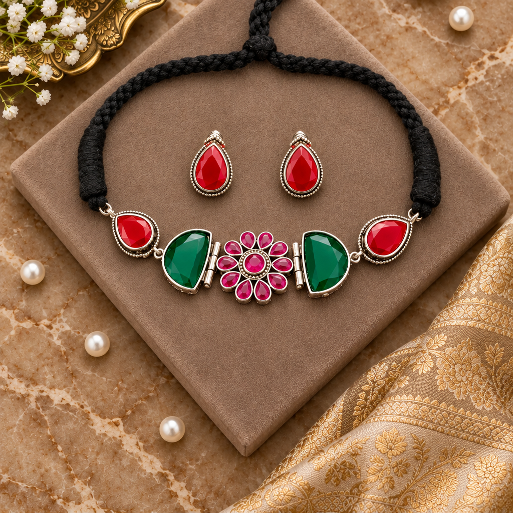 MULTICOLOR KARYA SILVER PLATED JEWELLERY SET