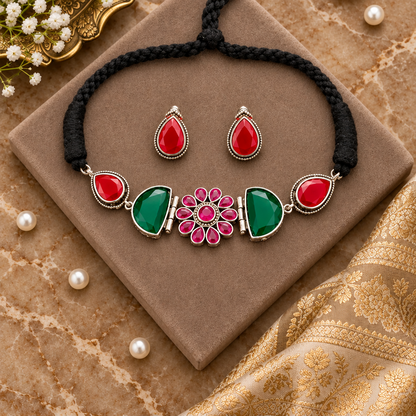 MULTICOLOR KARYA SILVER PLATED JEWELLERY SET