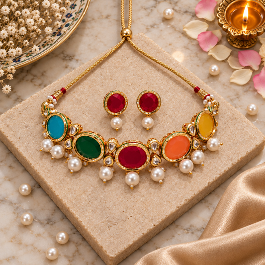MULTICOLOR AGRIMA KUNDAN JEWELLERY SET