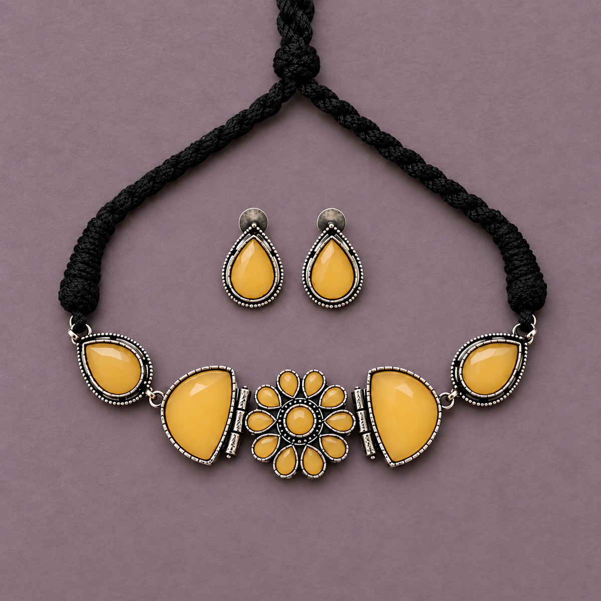 YELLOW KARYA SILVER PLATED JEWELLERY SET