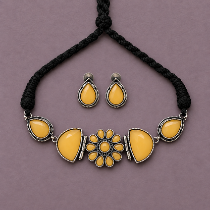 YELLOW KARYA SILVER PLATED JEWELLERY SET