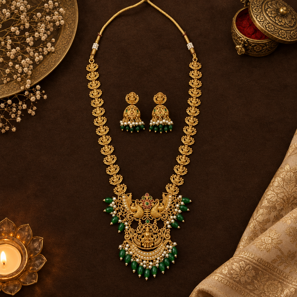 EMERALD VARUHI TEMPLE JEWELLERY SET