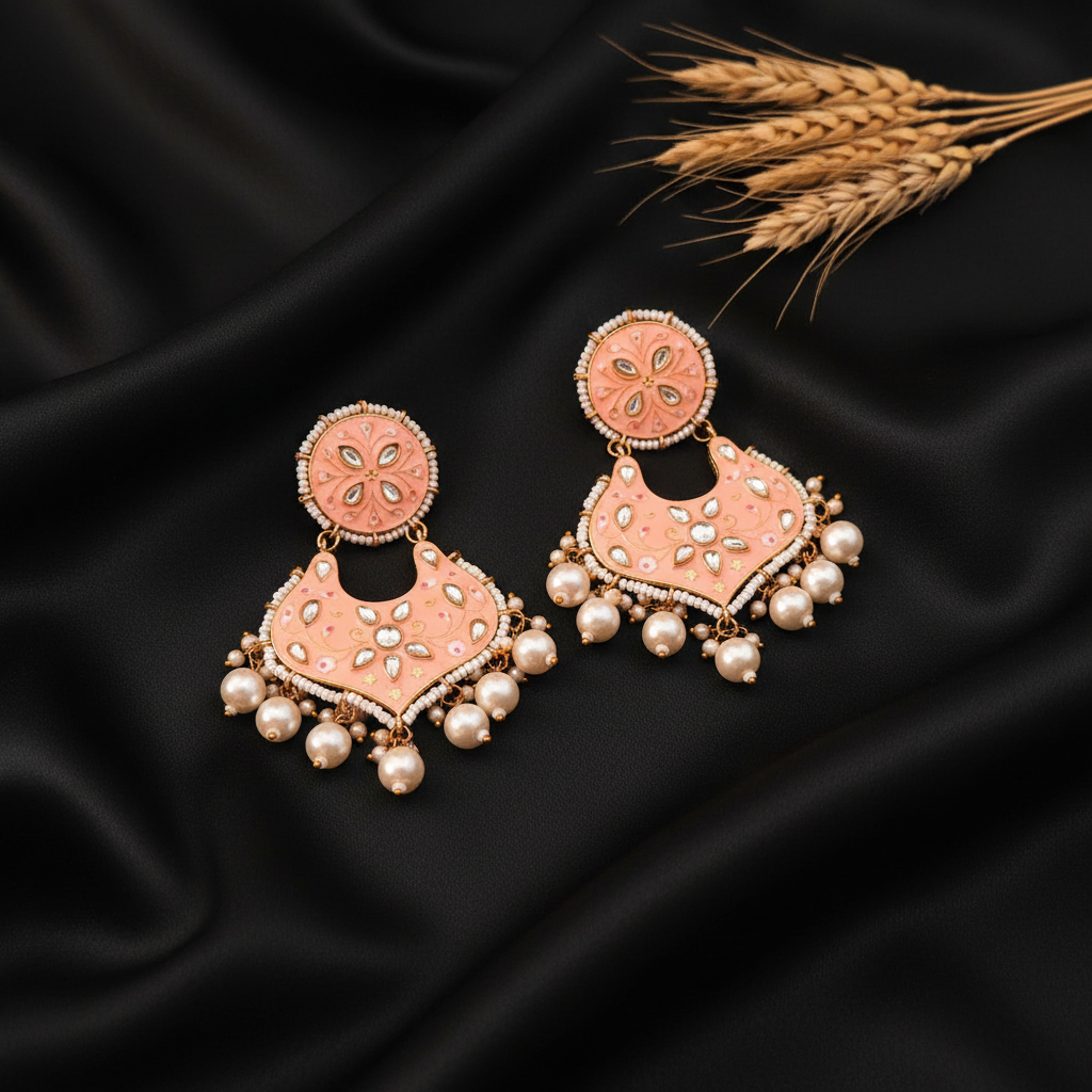PEACH ARABIAN KUNDAN CHANDBALI EARRINGS
