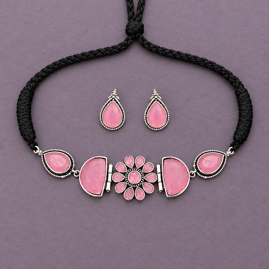 PINK KARYA SILVER PLATED JEWELLERY SET