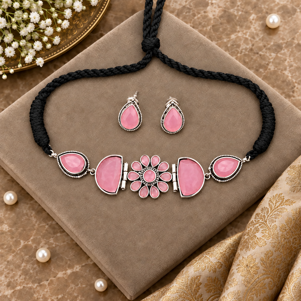 PINK KARYA SILVER PLATED JEWELLERY SET