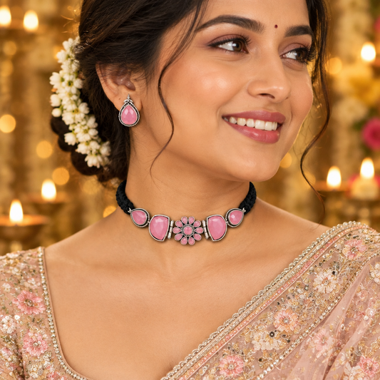 PINK KARYA SILVER PLATED JEWELLERY SET