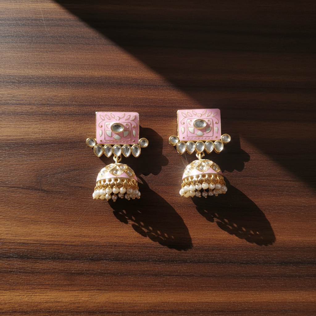 PINK TEJU KUNDAN JHUMKI EARRINGS