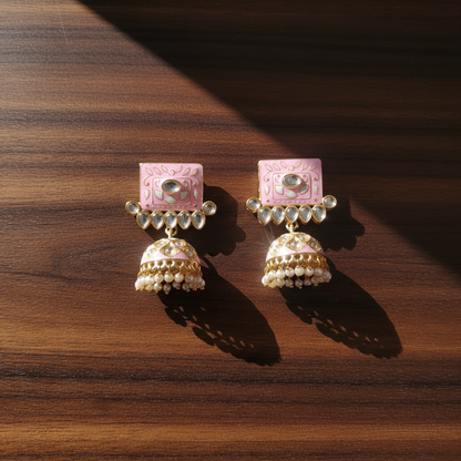 PINK TEJU KUNDAN JHUMKI EARRINGS