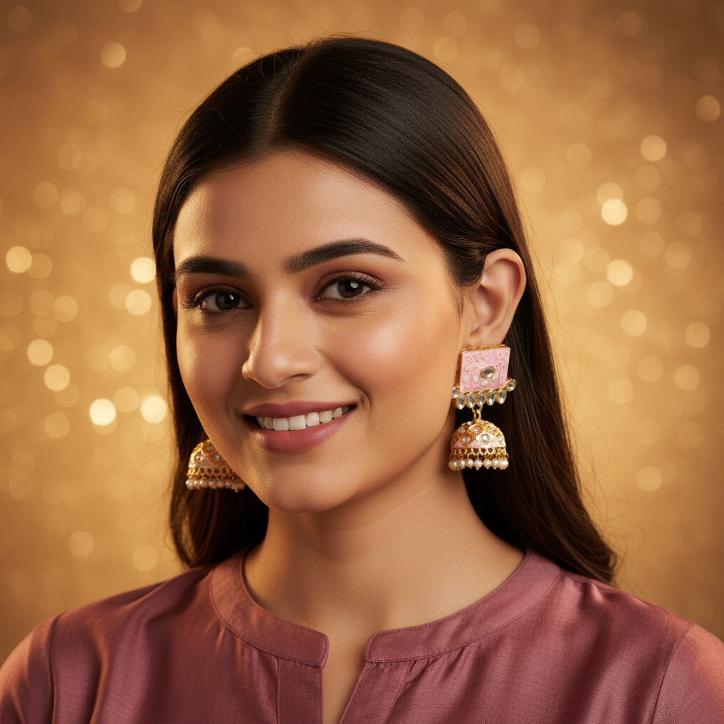 PINK TEJU KUNDAN JHUMKI EARRINGS