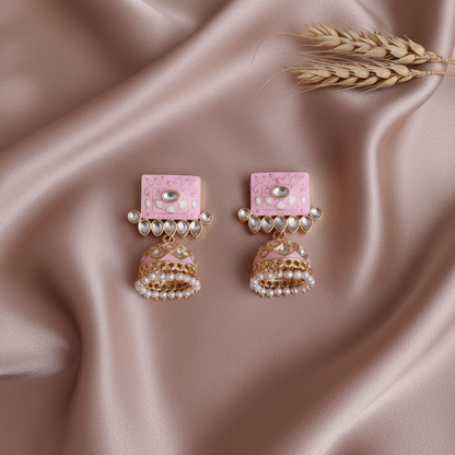 PINK TEJU KUNDAN JHUMKI EARRINGS