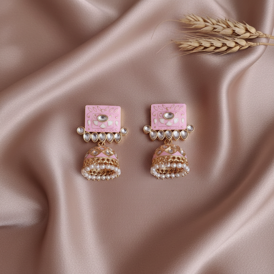 PINK TEJU KUNDAN JHUMKI EARRINGS
