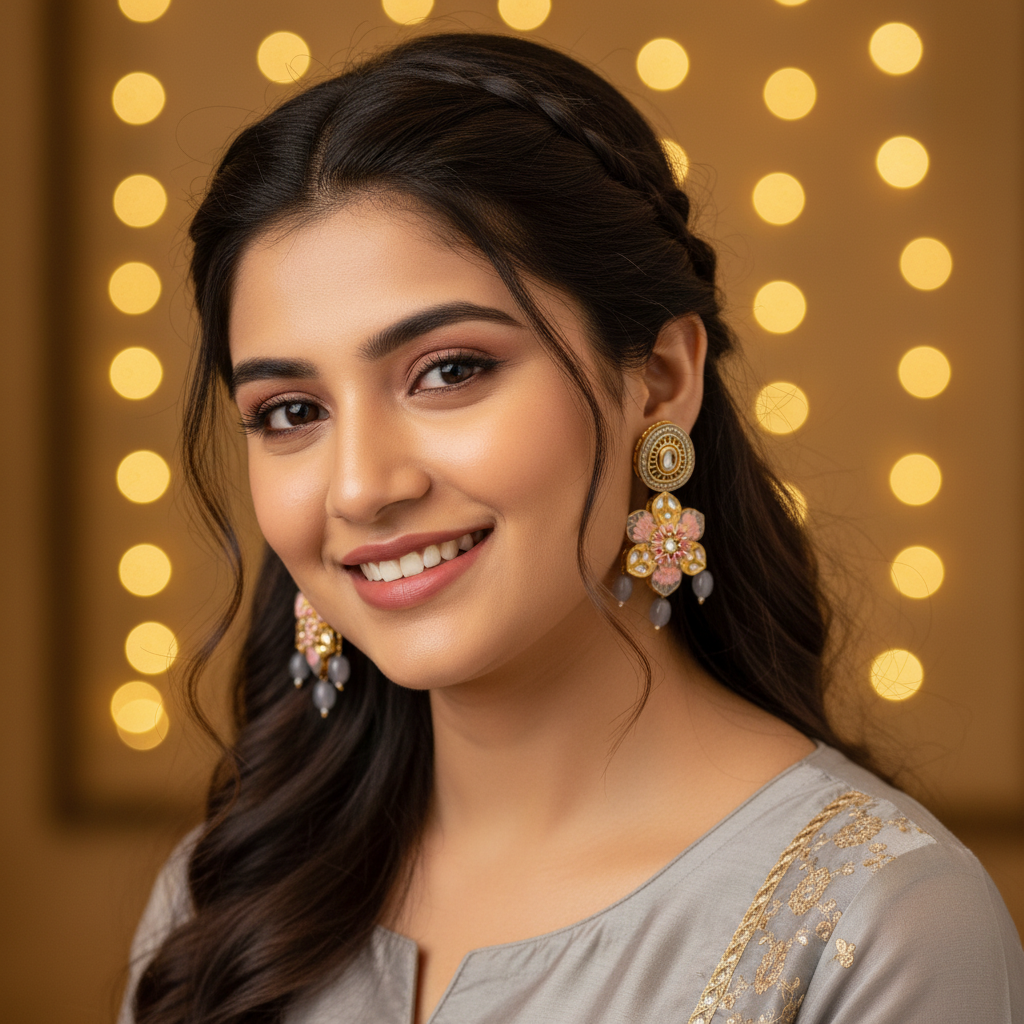 GREY LOTUS KUNDAN DANGLER EARRINGS