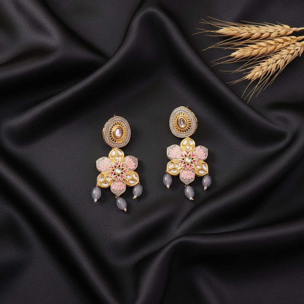 GREY LOTUS KUNDAN DANGLER EARRINGS