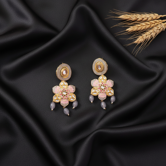 GREY LOTUS KUNDAN DANGLER EARRINGS
