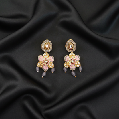 GREY LOTUS KUNDAN DANGLER EARRINGS