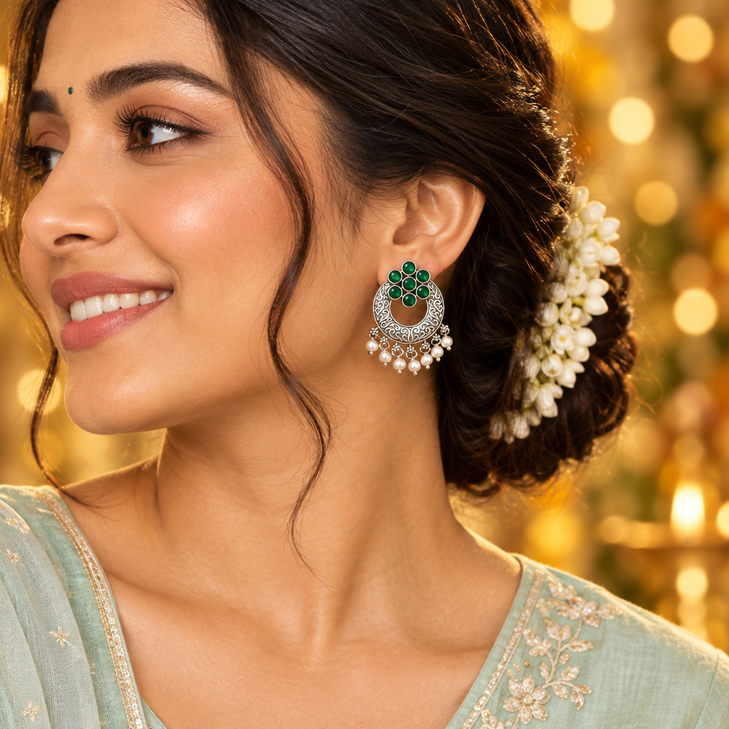 EMERALD CHANDNI SILVER PLATED EARRINGS