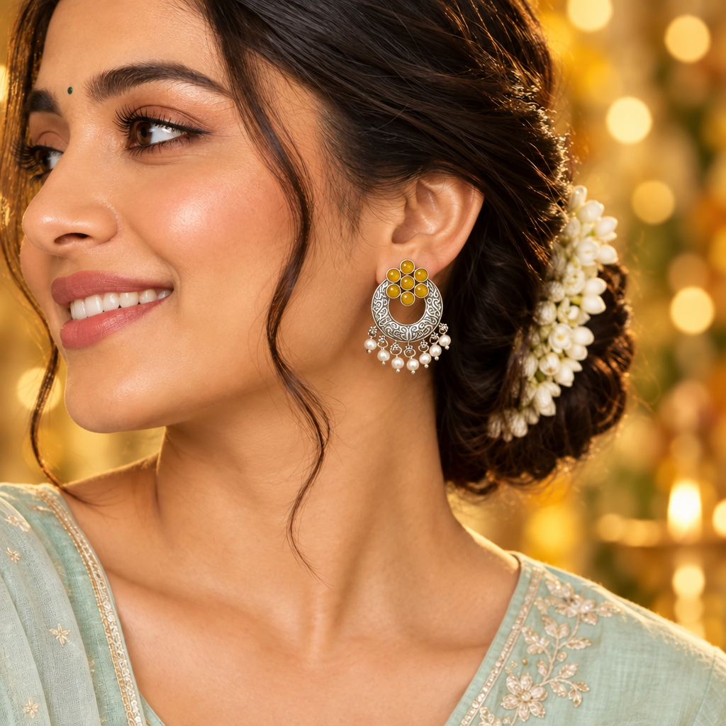 MUSTARD CHANDNI SILVER PLATED EARRINGS