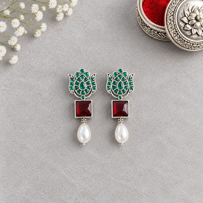 EMERALD LOTUS  SILVER PLATED EARRINGS