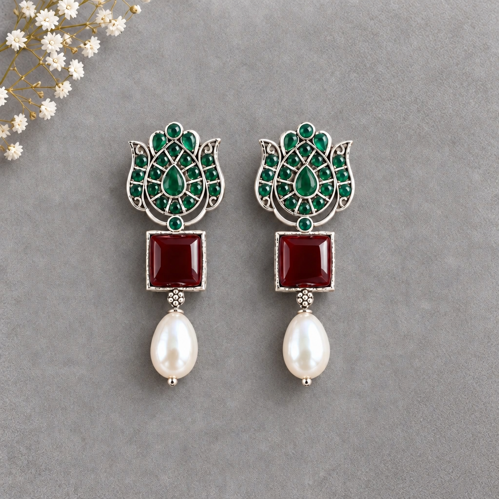 EMERALD LOTUS  SILVER PLATED EARRINGS