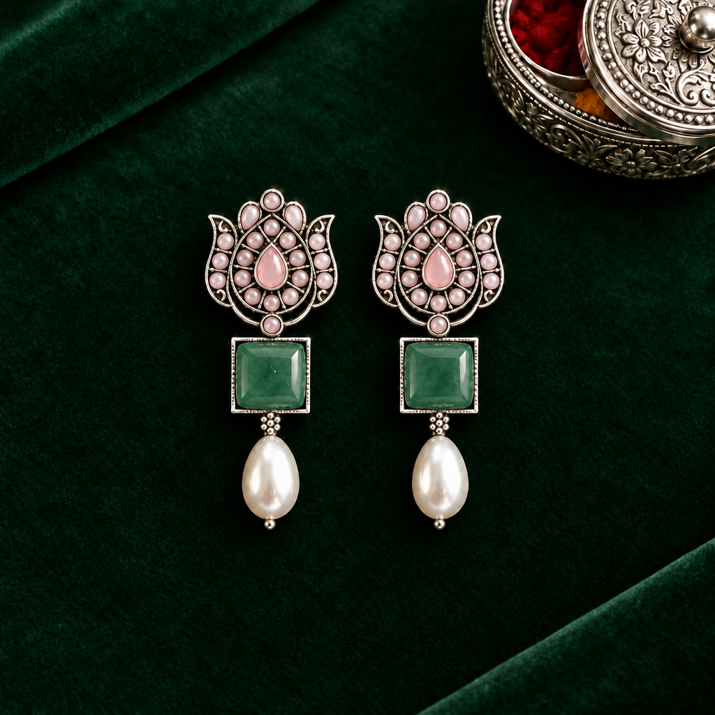 PASTEL PINK LOTUS  SILVER PLATED EARRINGS