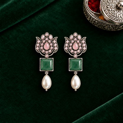 PASTEL PINK LOTUS  SILVER PLATED EARRINGS