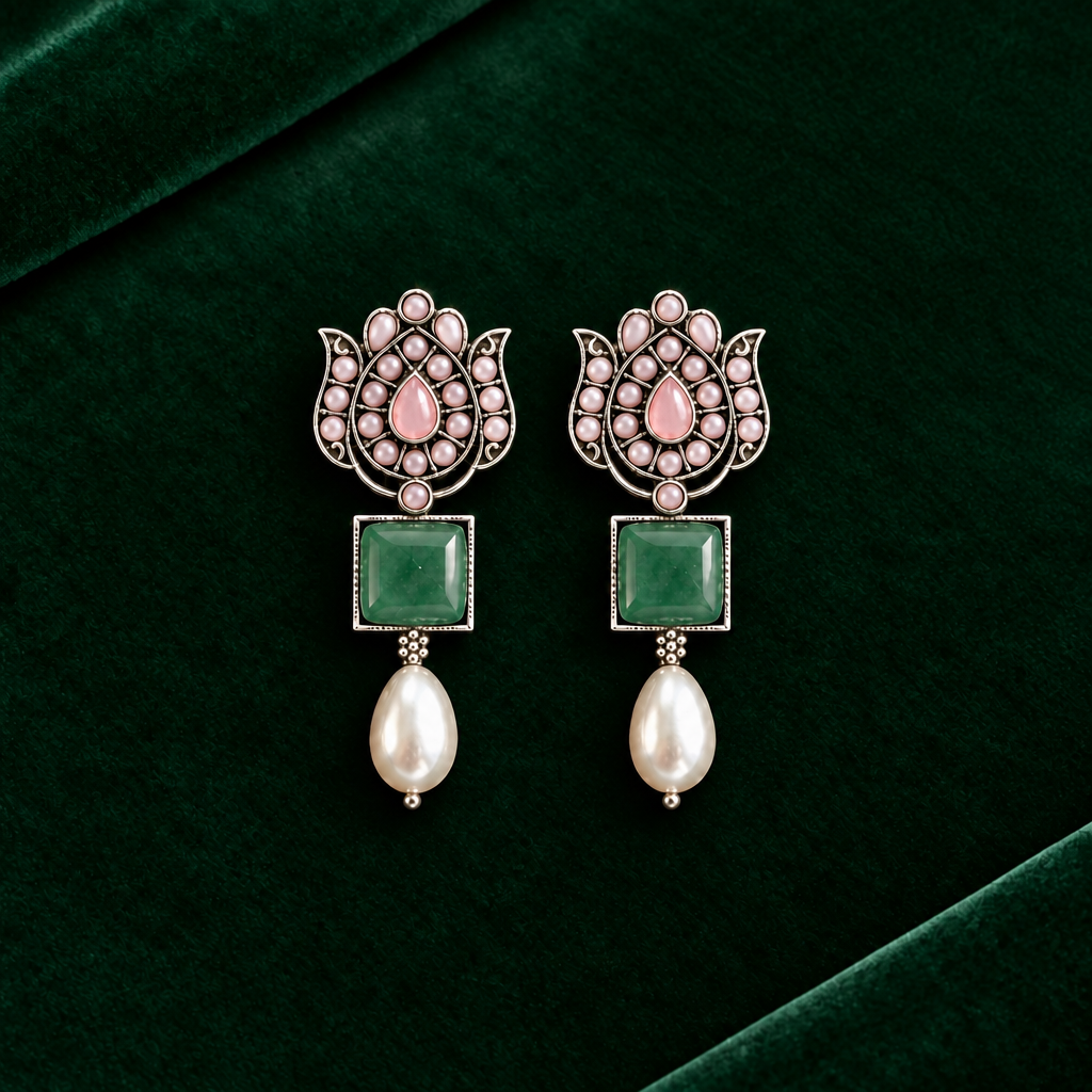 PASTEL PINK LOTUS  SILVER PLATED EARRINGS