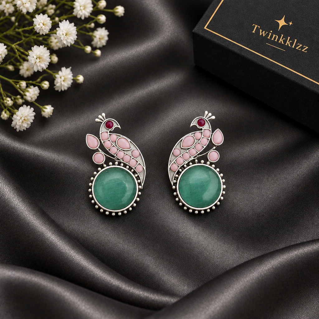 PEACOCK SILVER PLATED EARRINGS