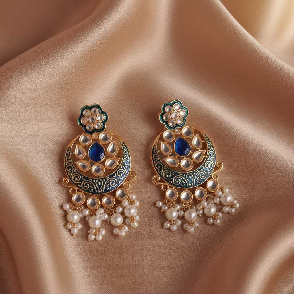BLUE CRESCENT KUNDAN CHANDBALI EARRINGS