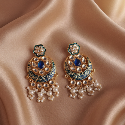 BLUE CRESCENT KUNDAN CHANDBALI EARRINGS