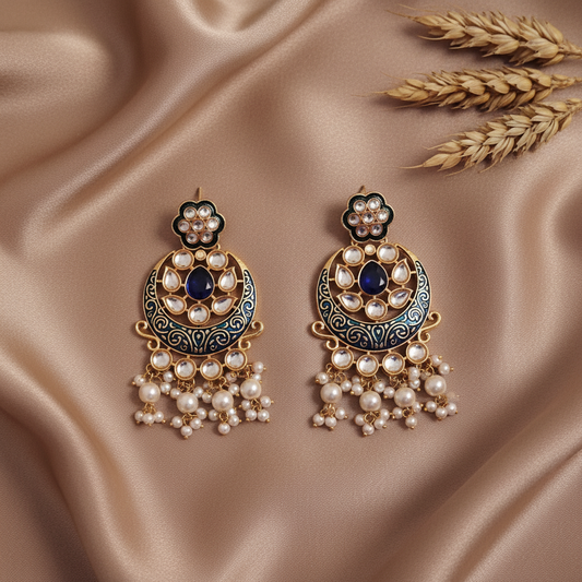 BLUE CRESCENT KUNDAN CHANDBALI EARRINGS