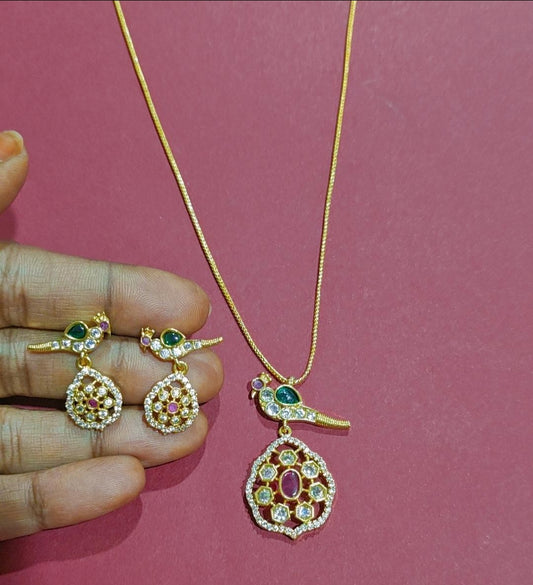 MULTICOLOR PEACOCK PENDANT EARRING SET - WITH FREE CHAIN