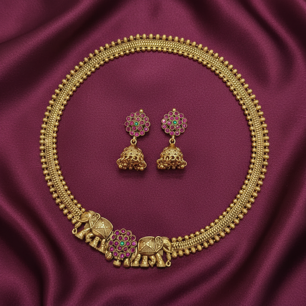 GOLDEN NIRANJANA SCREW TYPE JEWELLERY SET