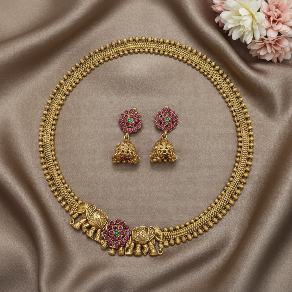 GOLDEN NIRANJANA SCREW TYPE JEWELLERY SET
