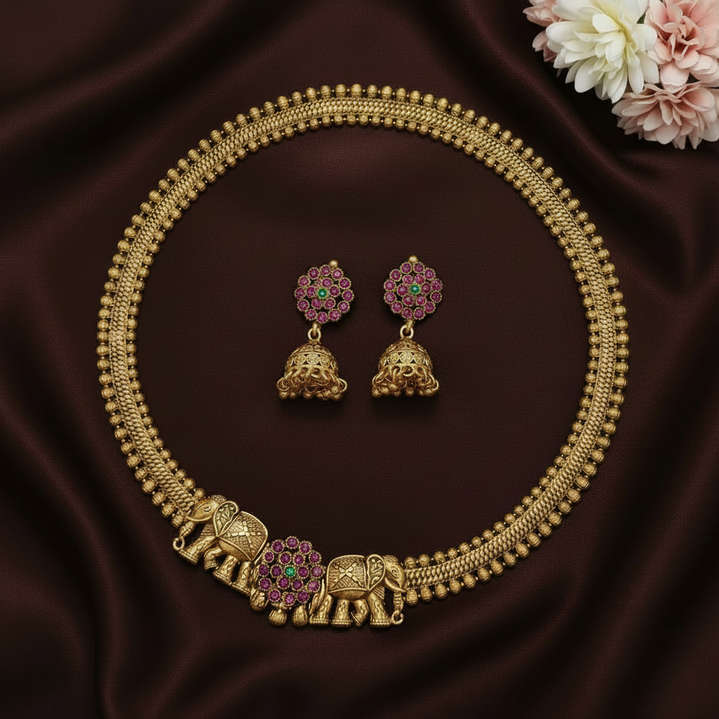 GOLDEN NIRANJANA SCREW TYPE JEWELLERY SET
