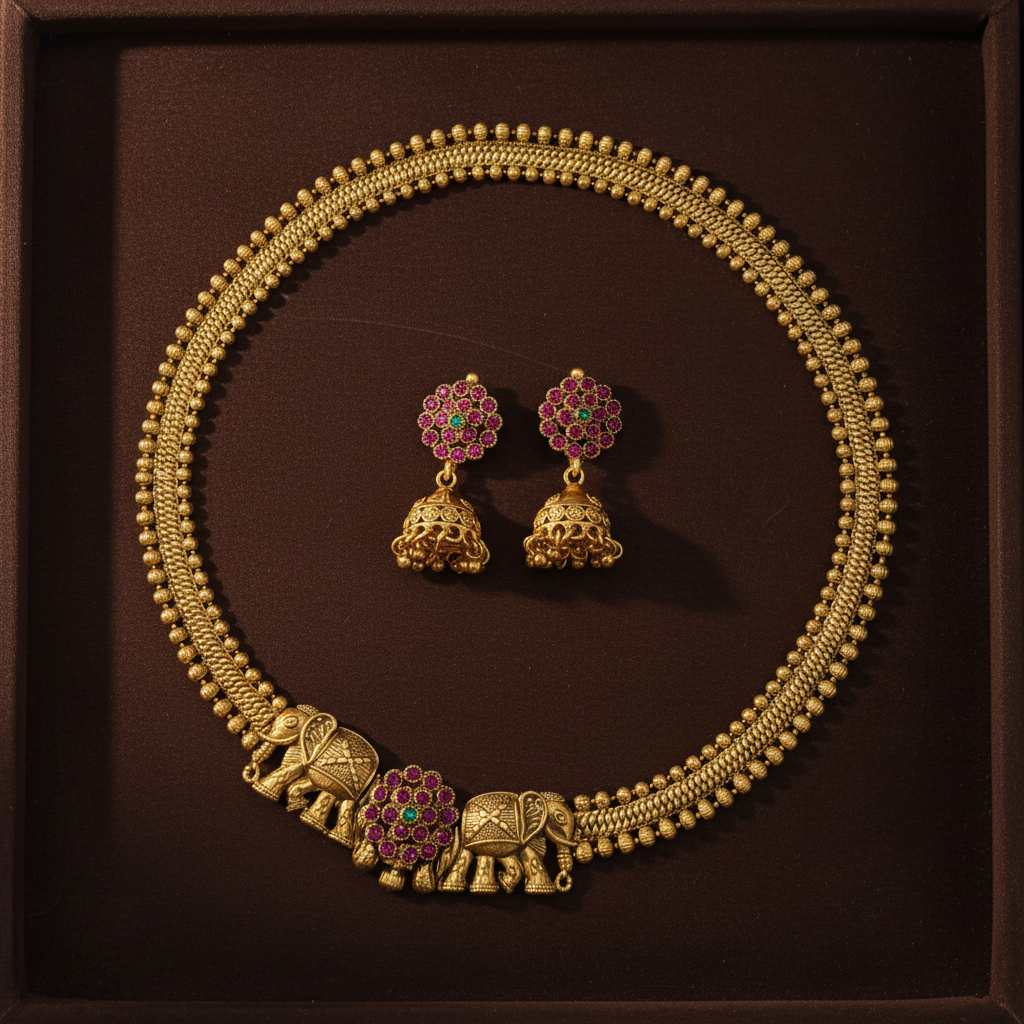 GOLDEN NIRANJANA SCREW TYPE JEWELLERY SET