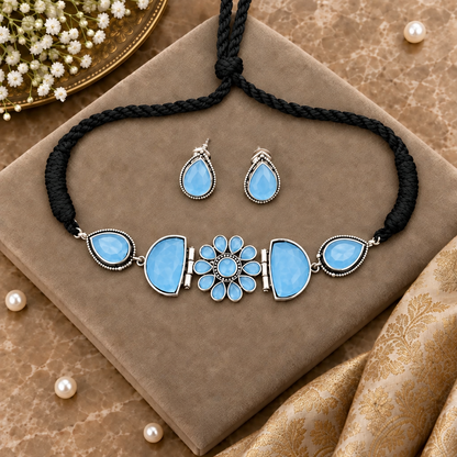 BLUE KARYA SILVER PLATED JEWELLERY SET
