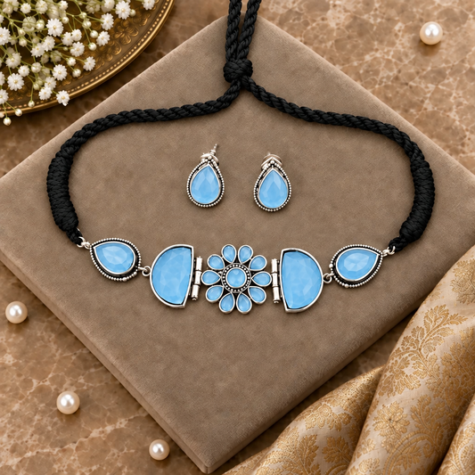 BLUE KARYA SILVER PLATED JEWELLERY SET