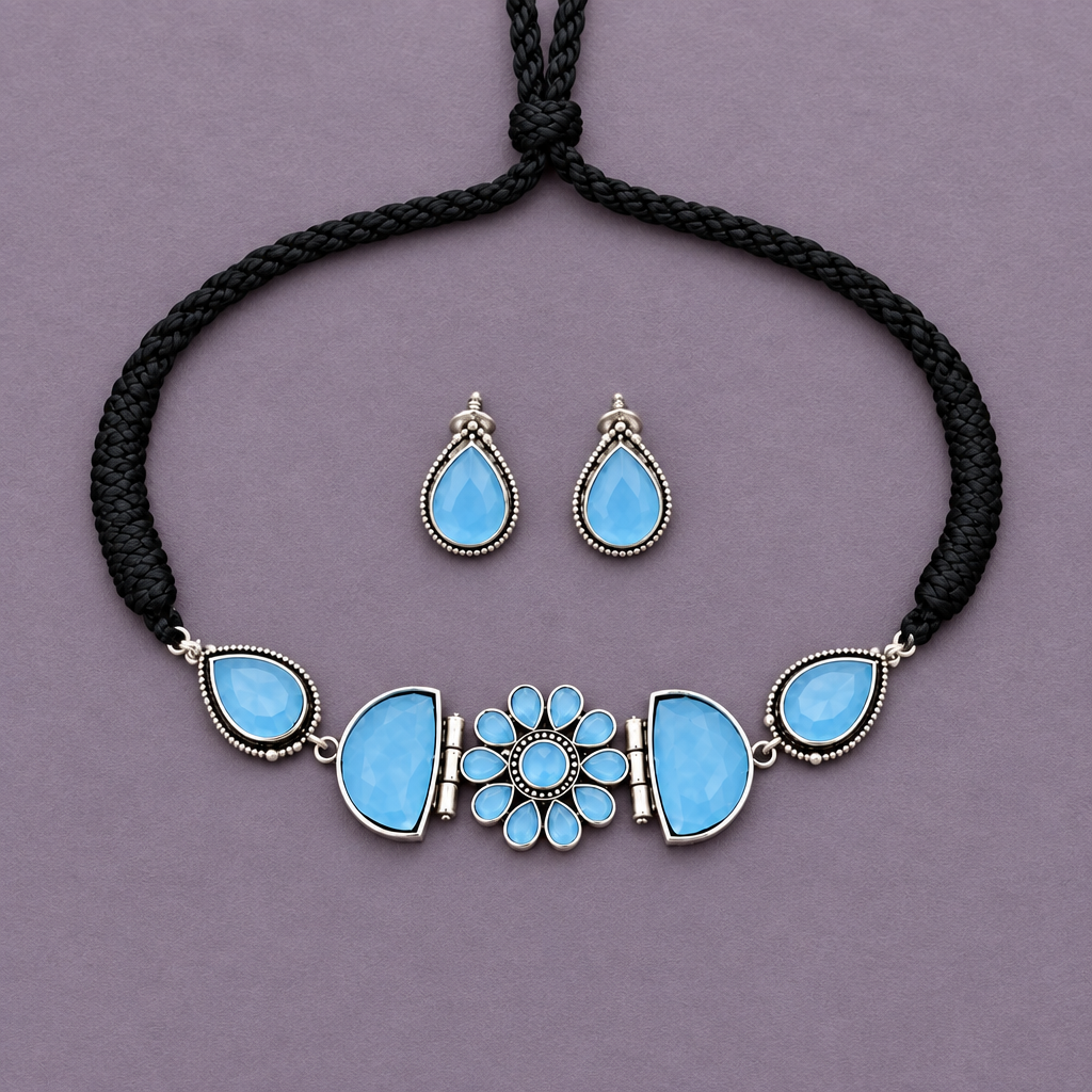 BLUE KARYA SILVER PLATED JEWELLERY SET