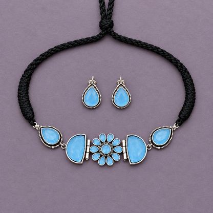 BLUE KARYA SILVER PLATED JEWELLERY SET