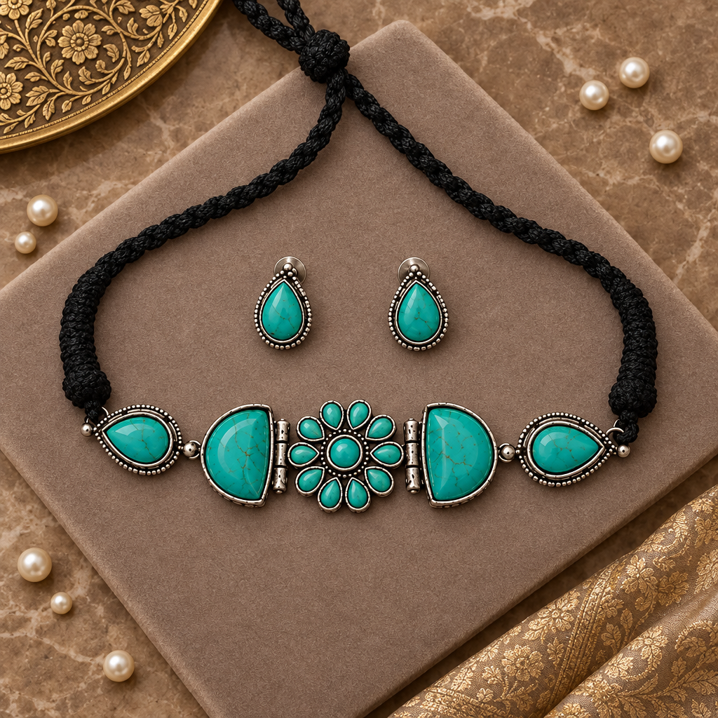 TURQUOISE KARYA SILVER PLATED JEWELLERY SET
