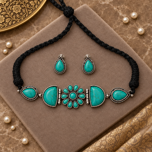 TURQUOISE KARYA SILVER PLATED JEWELLERY SET
