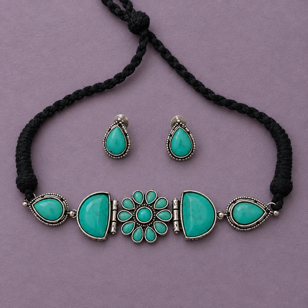 TURQUOISE KARYA SILVER PLATED JEWELLERY SET
